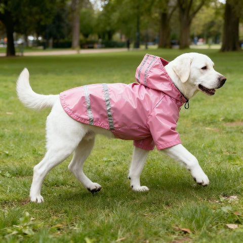 labrador qui porte le manteau pour chien impermeable rose