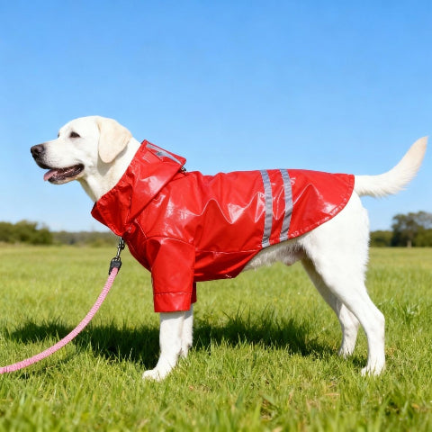 labrador qui porte le manteau pour chien impermeable rouge