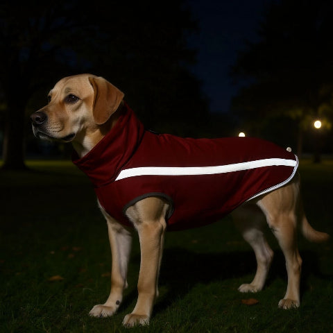 labrador qui porte le manteau pour chien polaire  rouge visible la nuit