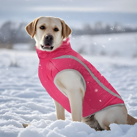 labrador qui porte le manteau pour chien polaire rouge