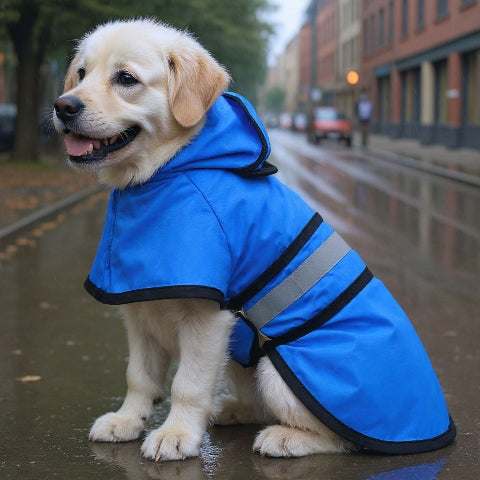 labrador qui porte le manteau pour chien rainproof bleu robuste