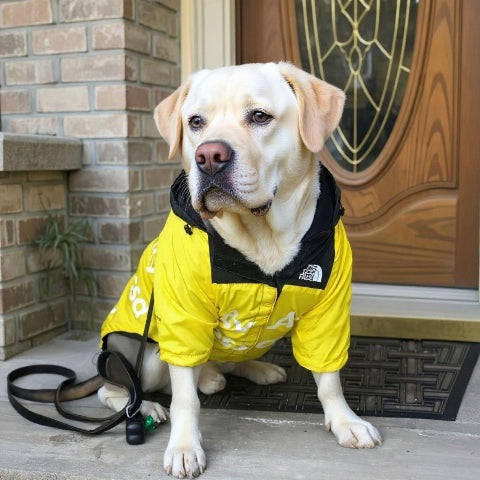 labrador qui porte le manteau pour chien the dog face jaune