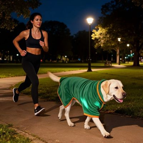 labrador qui porte le peignoir pour chien vert dans un parc