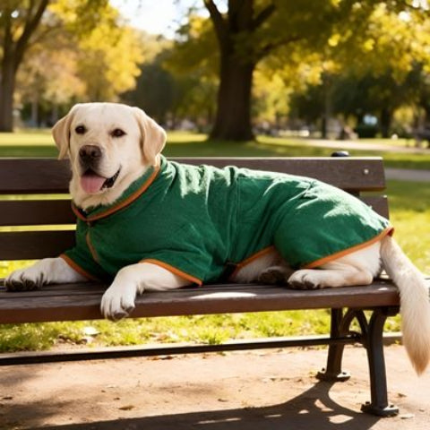 labrador qui porte le peignoir pour chien  vert essentiel