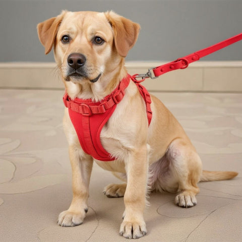 labrador qui porte le harnais anti traction chien rouge confortable