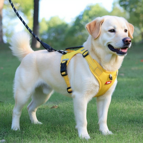 labrador qui porte porte le harnais chien laisse anti traction jaune essentiel