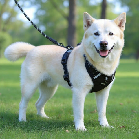 labrador qui porte porte le harnais chien laisse anti traction noir securitaire