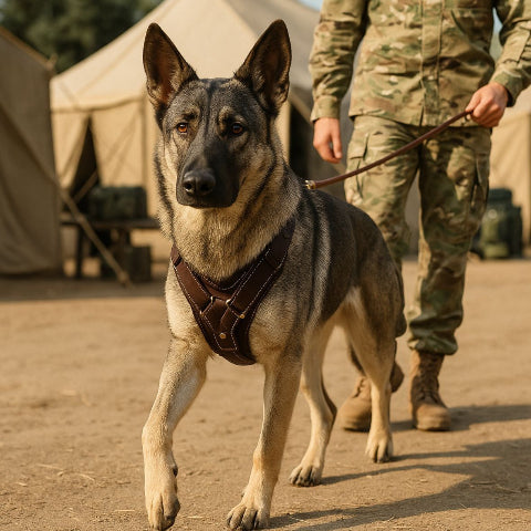 militaire qui se promene avec son berger allemand qui porte le harnais pour chien en cuir veritable SFP brun robuste