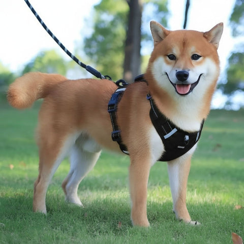 shiba inu qui se promene en portant le harnais chien laisse anti traction noir