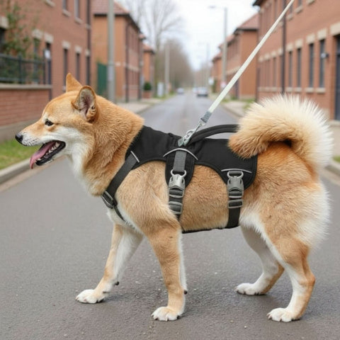 chien qui porte le harnais chien triple sangle avec poignee noir durable