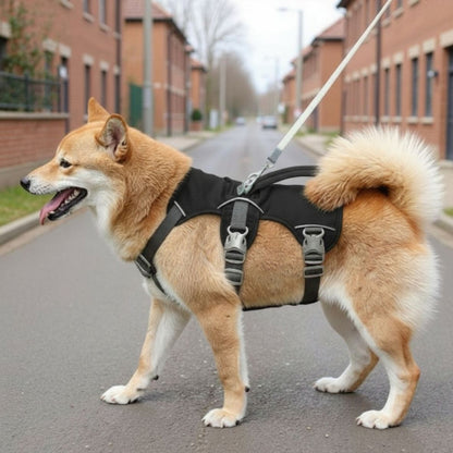 chien qui porte le harnais chien triple sangle avec poignee noir durable