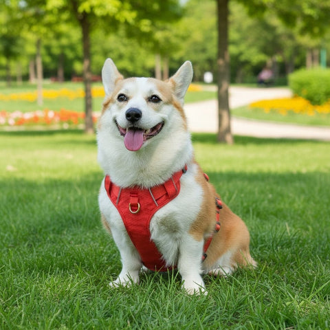 shiba inu qui porte le harnais chien triple sangle avec poignee orange robuste