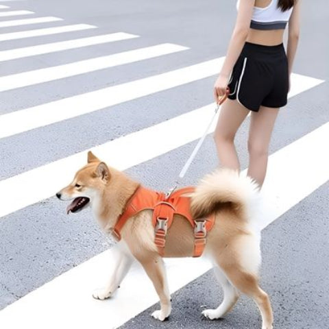 shiba inu qui se promene en portant le harnais chien Triple sangle avec poignee tres chic