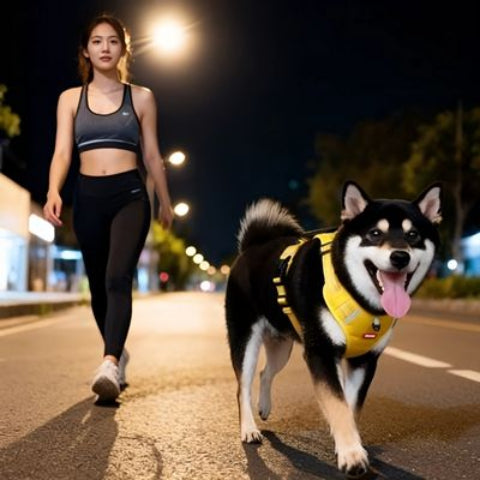shiba inu qui se promene en portant le harnais chien laisse anti traction jaune chic
