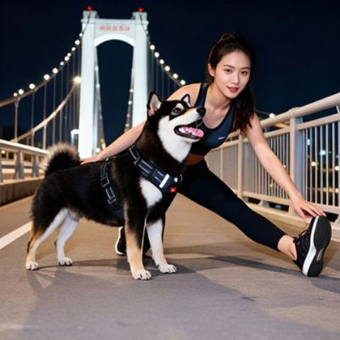 shiba inu qui se promene en portant le harnais chien laisse anti traction noir elegant