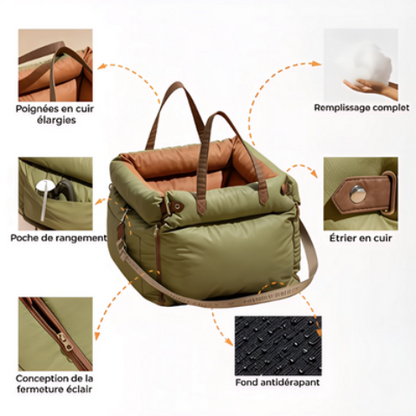 siege auto chien vert en cuir