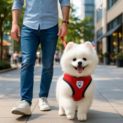un homme qui marche avec un chiot qui porte le harnais chien en maille rouge dans la ville