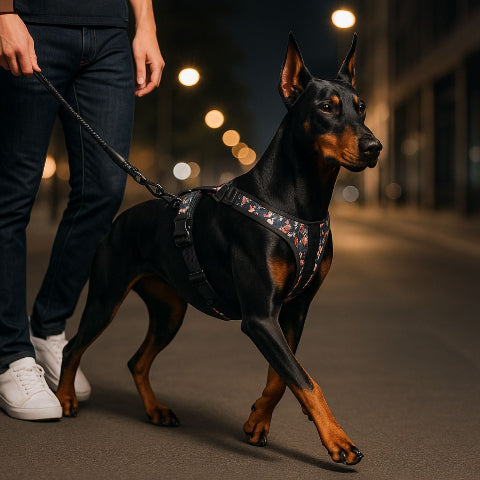 un homme qui marche la nuit avec son chien qui porte le harnais anti traction pour chien Servidog qui offre une visibilite optimale