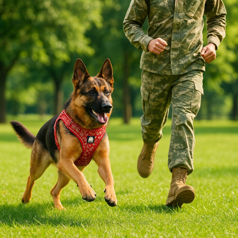 un militaire qui court avec son berger allemand qui porte le harnais chien Truelove dans un parc