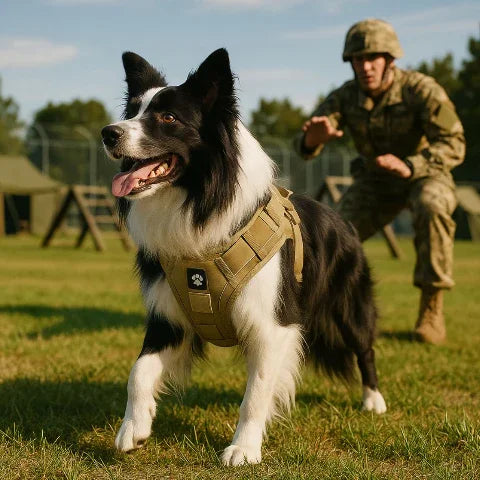 un militaire qui entraine son border collie qui porte le harnais chien veste tactique