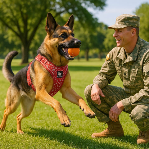 un militaire qui entraine un berger allemand qui porte le harnais chien Truelove
