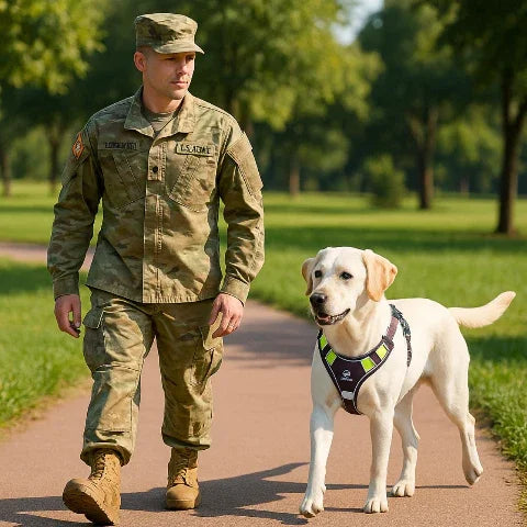 un militaire qui marche son Labrador dans la parc en portant le harnais chien veste tactique