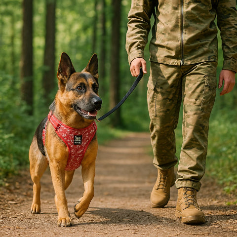 un soldat qui se promene avec son Berger allemand qui porte le harnais chien Truelove rouge poppy