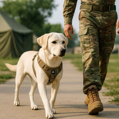 un soldat qui se promene avec son chien qui porte le harnais chien veste tactique