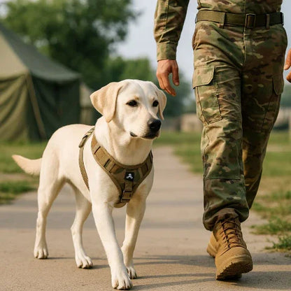 un soldat qui se promene avec son chien qui porte le harnais chien veste tactique