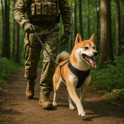 un soldat qui se promene dans la foret avec son shiba inu qui porte le harnais chien avec poignee SFP noir