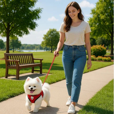 une fille qui marche dans un parc avec un chiot qui porte le harnais chien en maille rouge