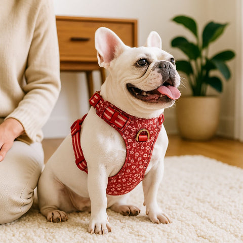une fille qui s'assoit sur le tapis du salon avec son bouledogue qui porte le harnais chien Truelove rouge poppy