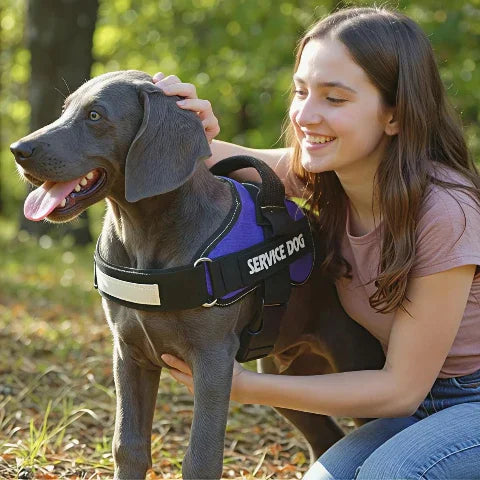 une jeune fille qui joue avec son chien qui porte le harnais chien de service servidog