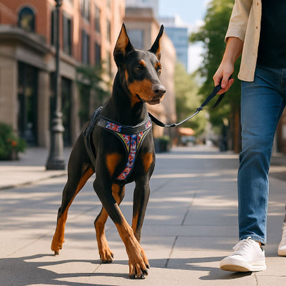 une jeune fille qui se promene avec son doberman qui porte le harnais anti traction pour chien Servidog rouge camouflage